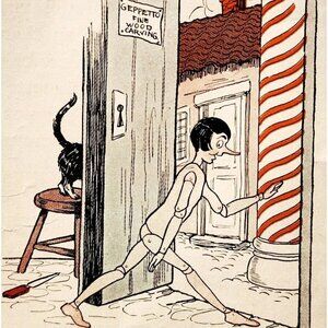 1927 Violet Moore Higgins Pinocchio Print Escaping Wood Shop Lithograph DWSS12